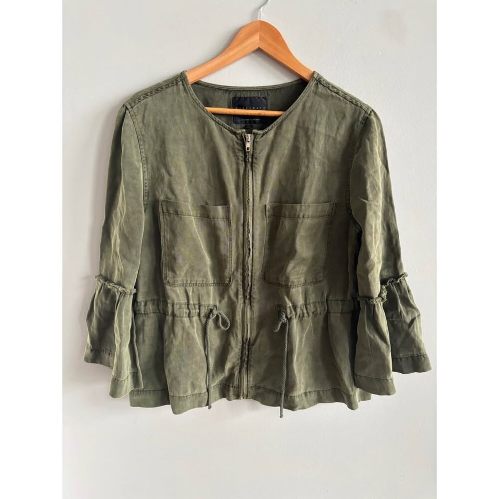 Sanctuary Women’s SMALL Military Frill Peplum Jacket | Olive Green Utility Zip U